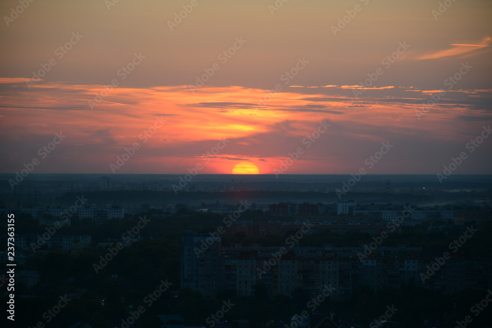 NIZHNY NOVGOROD, RUSSIA - AUGUST 28, 2018: Beautiful view to the sunset over Oka river in Park Shveytsariya in the Upper part of the city