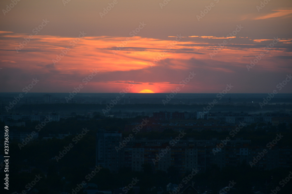 NIZHNY NOVGOROD, RUSSIA - AUGUST 28, 2018: Beautiful view to the sunset over Oka river in Park Shveytsariya in the Upper part of the city