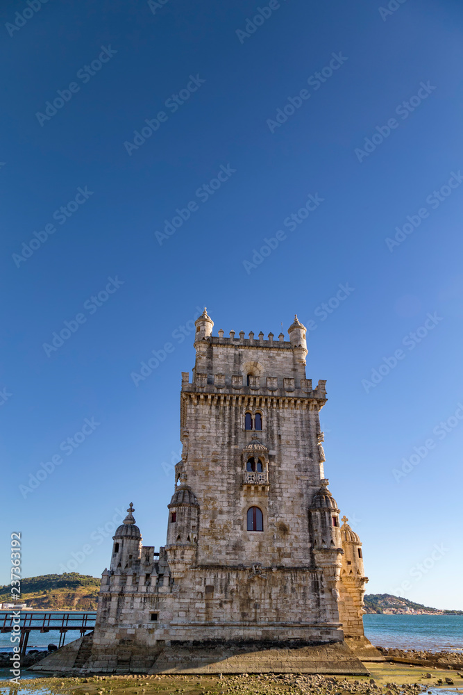 Afternoon portrait view of Belem Tower in Lisbon, Portugal.