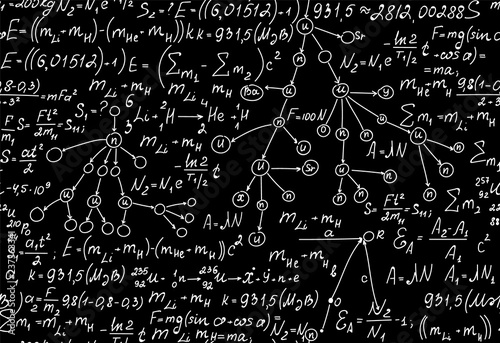 Vector scientific seamless texture with handwritten formulas of nuclear physics
