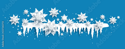 Winter holiday realistic paper cut snowflakes and icicles. Snow christmas decoration for design banner, ticket, invitation, greetings, leaflet and so on. Nature symbol banner.