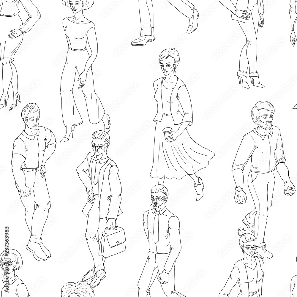 Seamless pattern with business people walking. Sketch style illustration with men and woman.