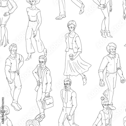 Seamless pattern with business people walking. Sketch style illustration with men and woman.