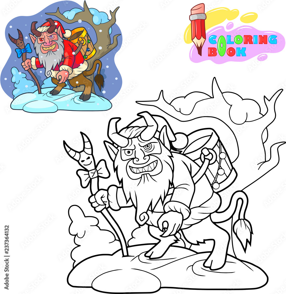 Cartoon krampus is looking for children, coloring book, funny illustration