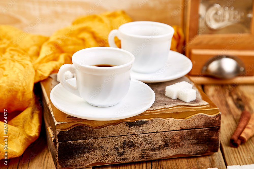 Two cups of coffee espresso near sugar cube Two cups of coffee espresso near sugar cube
