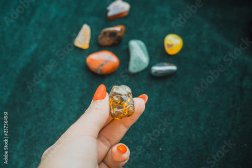 Various colorful stones quartz, marbles, ore minerals, gems use as ornament and decoration jewelry that contain spiritual force human believes, magical stones 