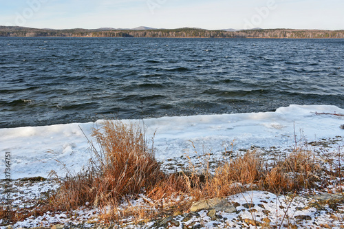 Fototapeta Naklejka Na Ścianę i Meble -  Nature monument - lake Uvildy in november in cloudy day, South Ural, Chelyabinsk region, Russia