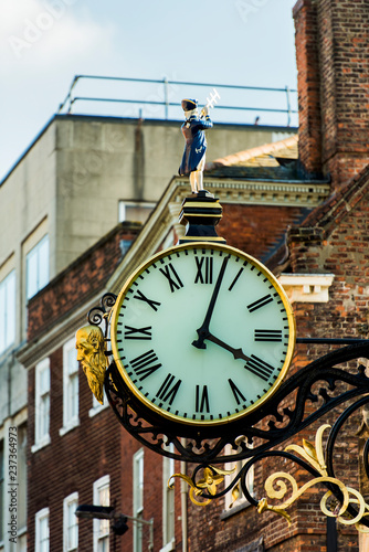 St Martin's Clock in Coney Street in York, Northern England, UK. The clock was designed in the 1950s and has been damaged several times, including during World War II. 