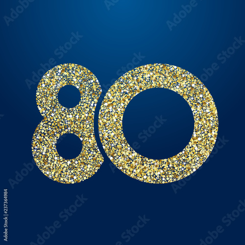 80 th years old logotype. Isolated golden color abstract dot graphic symbol of 80%. Shiny straight elegant cut label design template. Round shape digits, up to -80 % percent off sign. Discount emblem.
