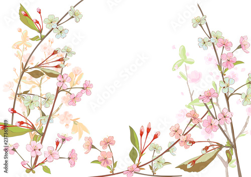 Horizontal border with spring blossom. Pink, bluish flowers: cherry, (sakura, almond, plum). Florets, branches, buds, green leaves on white background. Digital drawing in watercolor style, vector © analgin12