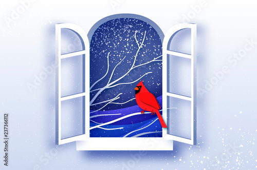 Red Cardinal in paper cut style. Tree under the snowfall. Merry Christmas greetings card in paper cut style. Winter season holidays. Happy New Year. Blue. Snowfall. Origami window frame