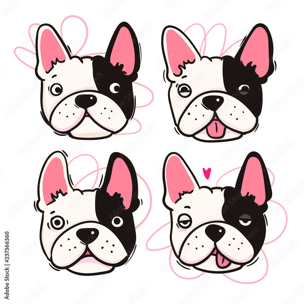 Cute french bulldog. Four dog faces with various emotions. Hand drawn colored vector set. All elements are isolated Cute french bulldog. Four dog faces with various emotions. Hand drawn colored vector set. All elements are isolated