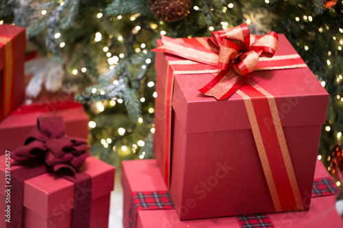 Christmas presents with red ribbon. Christmas gift box.