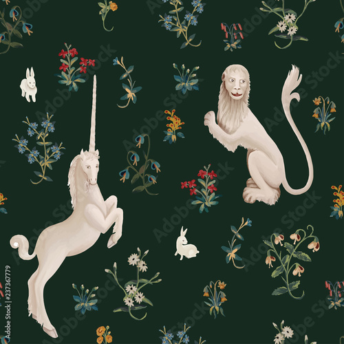 Hand drawn seamless pattern in medieval tapestries style lion and unicorn on deep green background