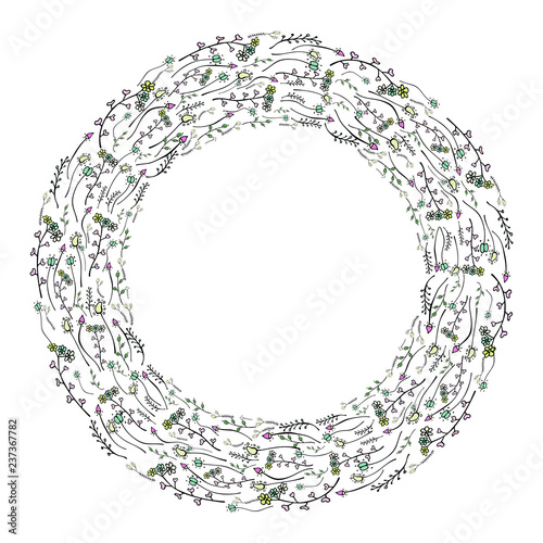 Vector round wreath with hand-drawn colorful pink, green flowers and brunches isolated on white background. Floral circle frame with herbs for cards