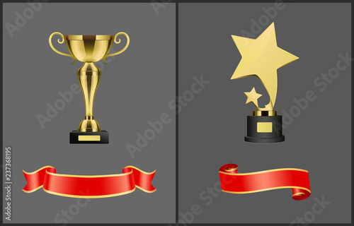 Trophies and Red Banners Set Vector Illustration