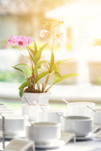 flowers and seasoning bowls at breakfast in the garden of resort or hotel with sunlight effect