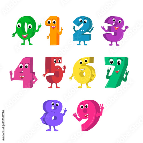 Set of cute and funny colorful number characters, cartoon vector illustration isolated on white background.