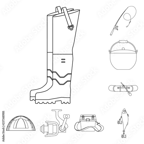Vector design of fish and fishing symbol. Collection of fish and equipment stock symbol for web.