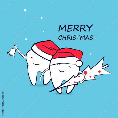 Cute cartoon teeth in a Santa hat with a bell and a Christmas tree. Merry christmas and Happy New Year. Holiday greeting design element.