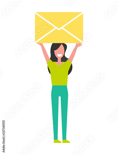 Woman Holding Yellow Envelope Above Head Vector