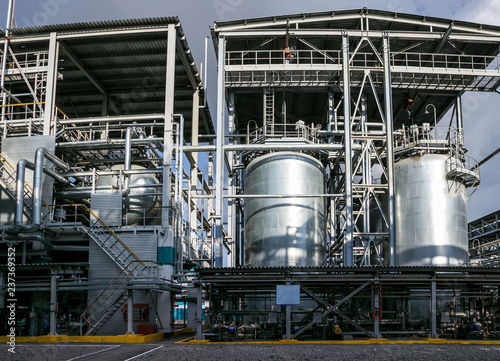 Chemical factory. Elastomer and thermoplastic production line. Large vats for preparing monomers and polymerization 