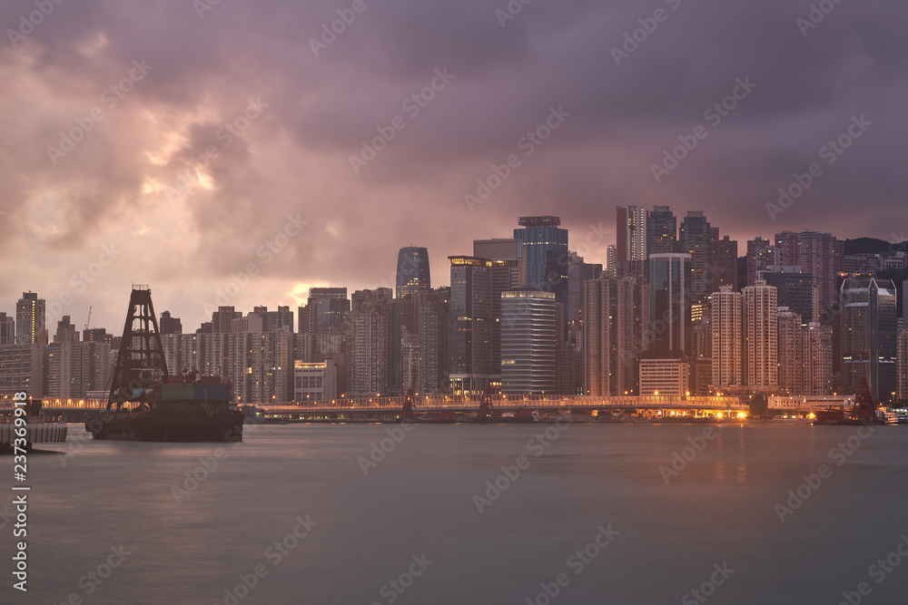 morning sunrise skyline with cityscape on victoria harbour