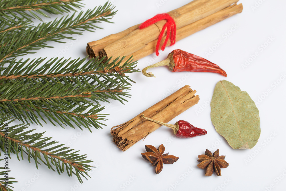 Cinnamon sticks and pods of red pepper next to the fir branches. On a white background. Cinnamon sticks and pods of red pepper next to the fir branches. On a white background.