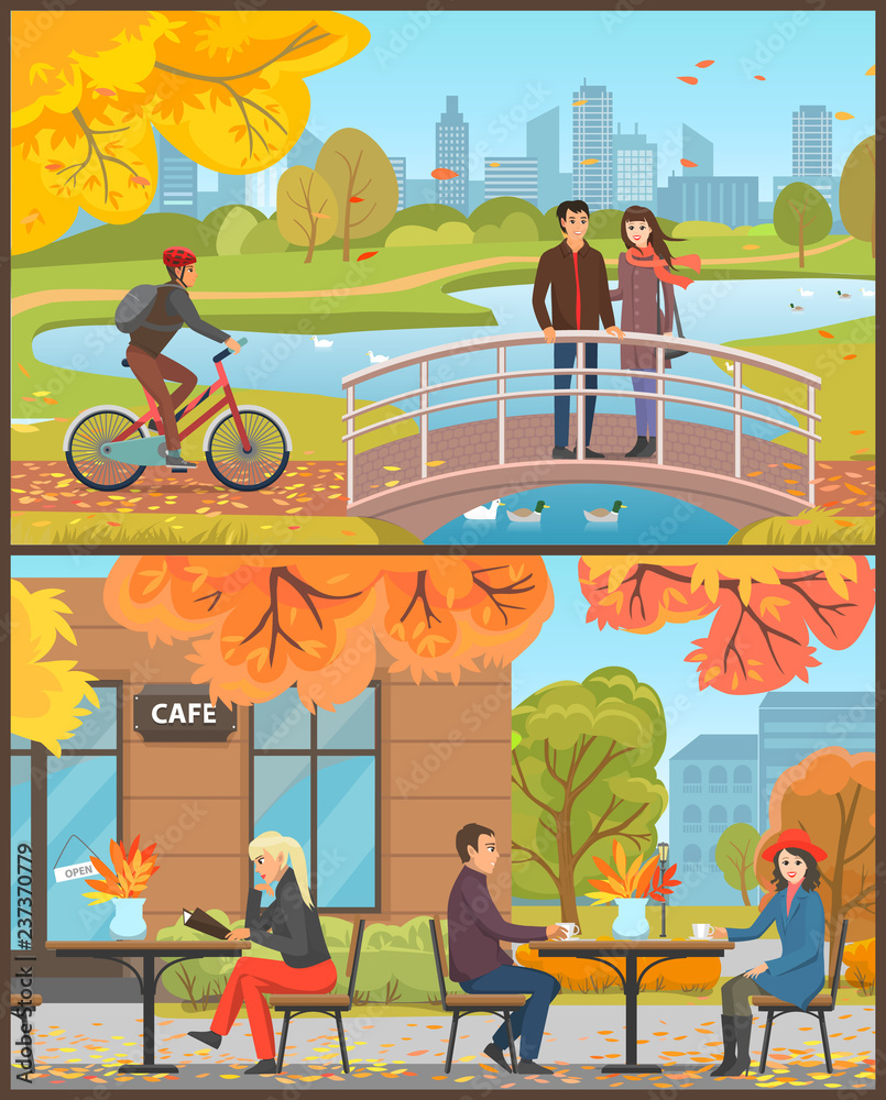 Foto Cafe with Customers Sitting Outside Set Vector
