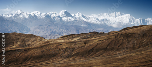 Panoramic view of snow mountains range landscape.