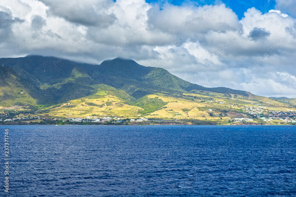 Coastline along a Saint Kitts and Nevis island in Caribbean sea