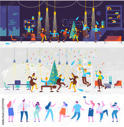 People have a Christmas party in office. They dancing , having fun and drinking alcohol at a party. Holiday event. Cartoon style, flat vector illustration.
