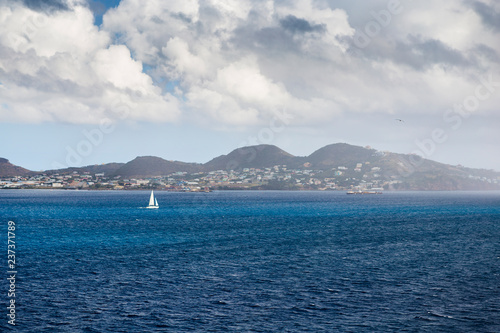 Coastline along a Saint Kitts and Nevis island in Caribbean sea