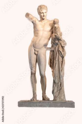 Hermes and the Infant Dionysus or the Hermes of Praxiteles, an ancient Greek sculpture discovered in 1877 in the ruins of Temple of Hera in ancient Olympia, in Peloponnese, Greece. Isolated in white 