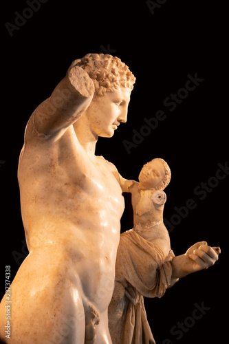 Hermes and the Infant Dionysus or the Hermes of Praxiteles, an ancient  Greek sculpture discovered in 1877 in the ruins of Temple of Hera in  ancient Olympia, in Peloponnese, Greece. Isolated in