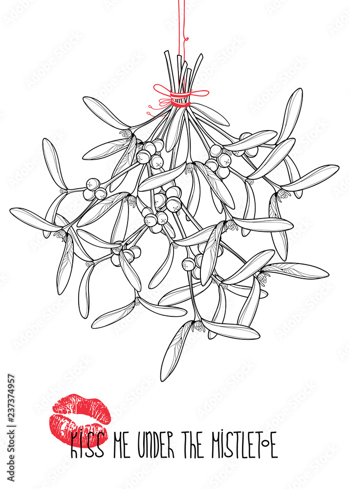 Φωτογραφία Vector bunch of outline hanging Mistletoe branch with leaves, berry and lipstick kiss isolated on white background
