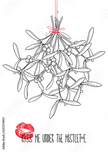 Vector bunch of outline hanging Mistletoe branch with leaves, berry and lipstick kiss isolated on white background. Kiss me under mistletoe in contour for romantic Christmas design or coloring book.