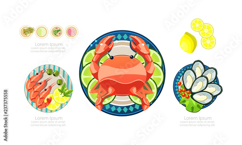 Seafood dishes set, shrimps, lobster, oysters, marine products, caviar restaurant menu vector Illustration