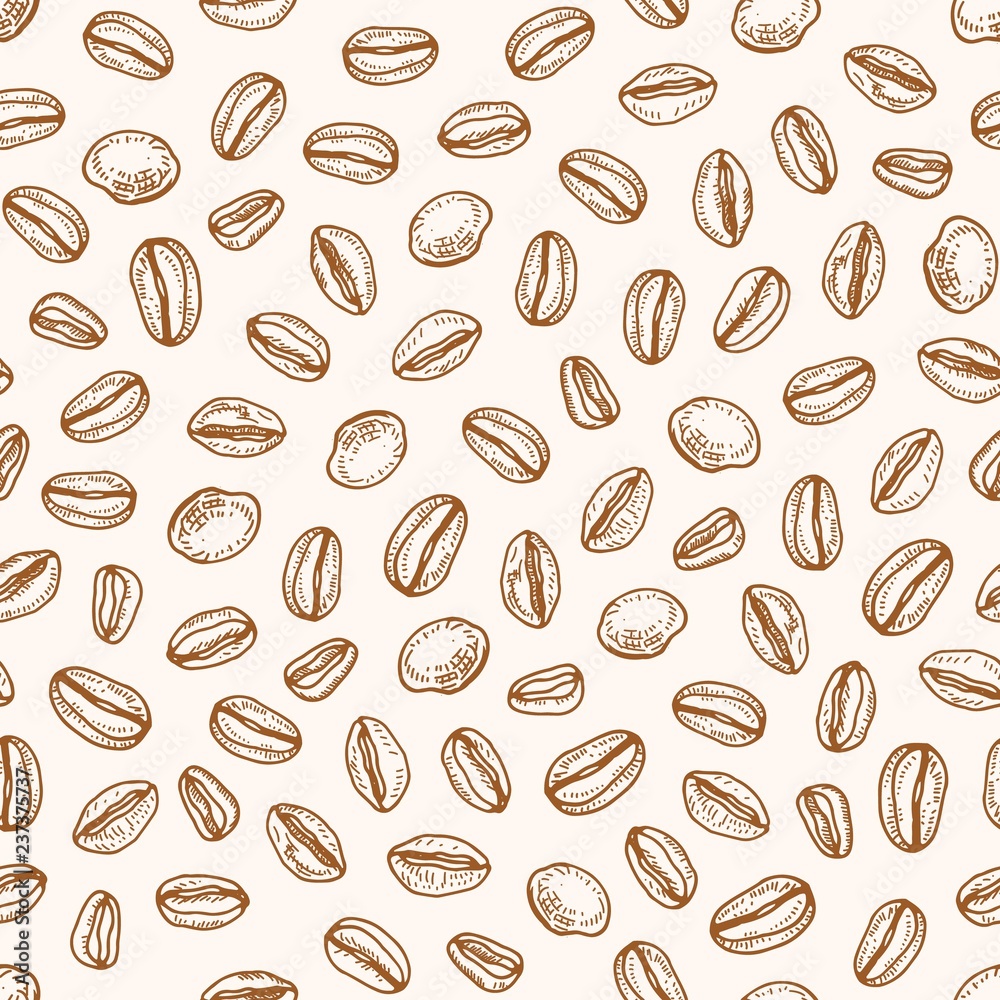 Fototapeta Monochrome seamless pattern with roasted coffee seeds or beans hand drawn with contour lines on light background. Realistic natural vector illustration in retro style for fabric print, wrapping paper.