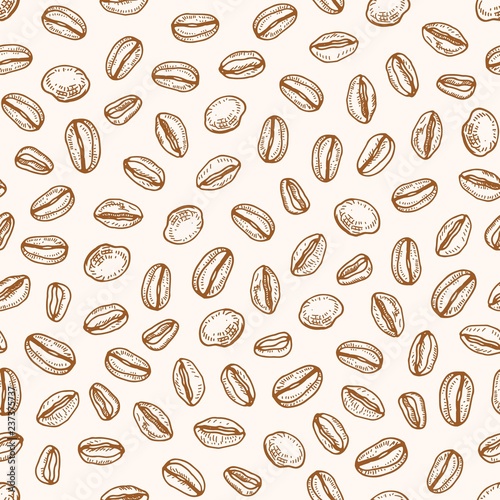 Monochrome seamless pattern with roasted coffee seeds or beans hand drawn with contour lines on light background. Realistic natural vector illustration in retro style for fabric print, wrapping paper. photo