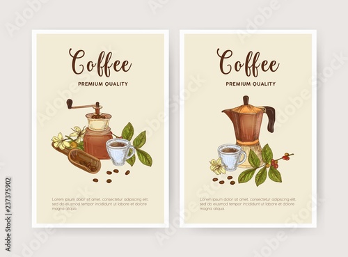 Bundle of flyer, poster or card template with cup of coffee, moka pot, scoop and grinder. Tasty aromatic beverage. Elegant vector illustration in vintage style for product promotion, advertisement.