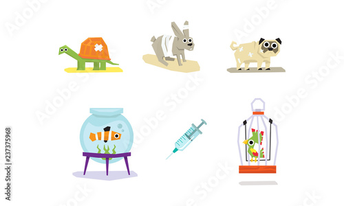 Sick and wounded animals set, veterinary care vector Illustration on a white background