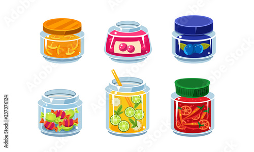 Collection of glass jars with preserved fruit and vegetables, fresh and canned food food in glassware vector Illustration