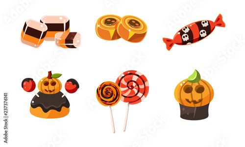 Collection of colorful halloween sweets, candies, cupcakes, lollipops vector Illustration on a white background