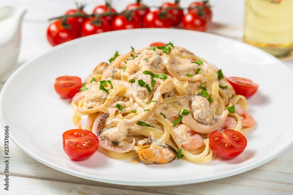 Pasta with seafood in cream sauce Pasta with seafood in cream sauce
