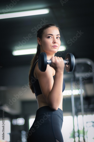 Fit beautiful young woman caucasian posing at the camera in sportswear. Young woman holding dumbbell during an exercise class in a gym. Healthy sports lifestyle, Fitness concept. © Shutter B