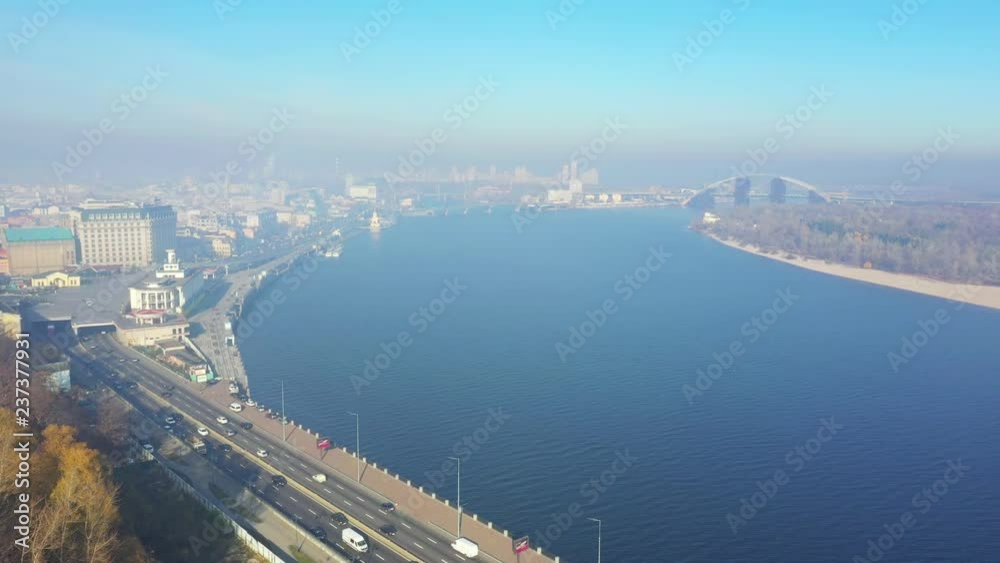 Kiev Ukraine aeriel drone view to Andriyivskyy Descent, Podil, St.Andrew's Church, river Dnepr.