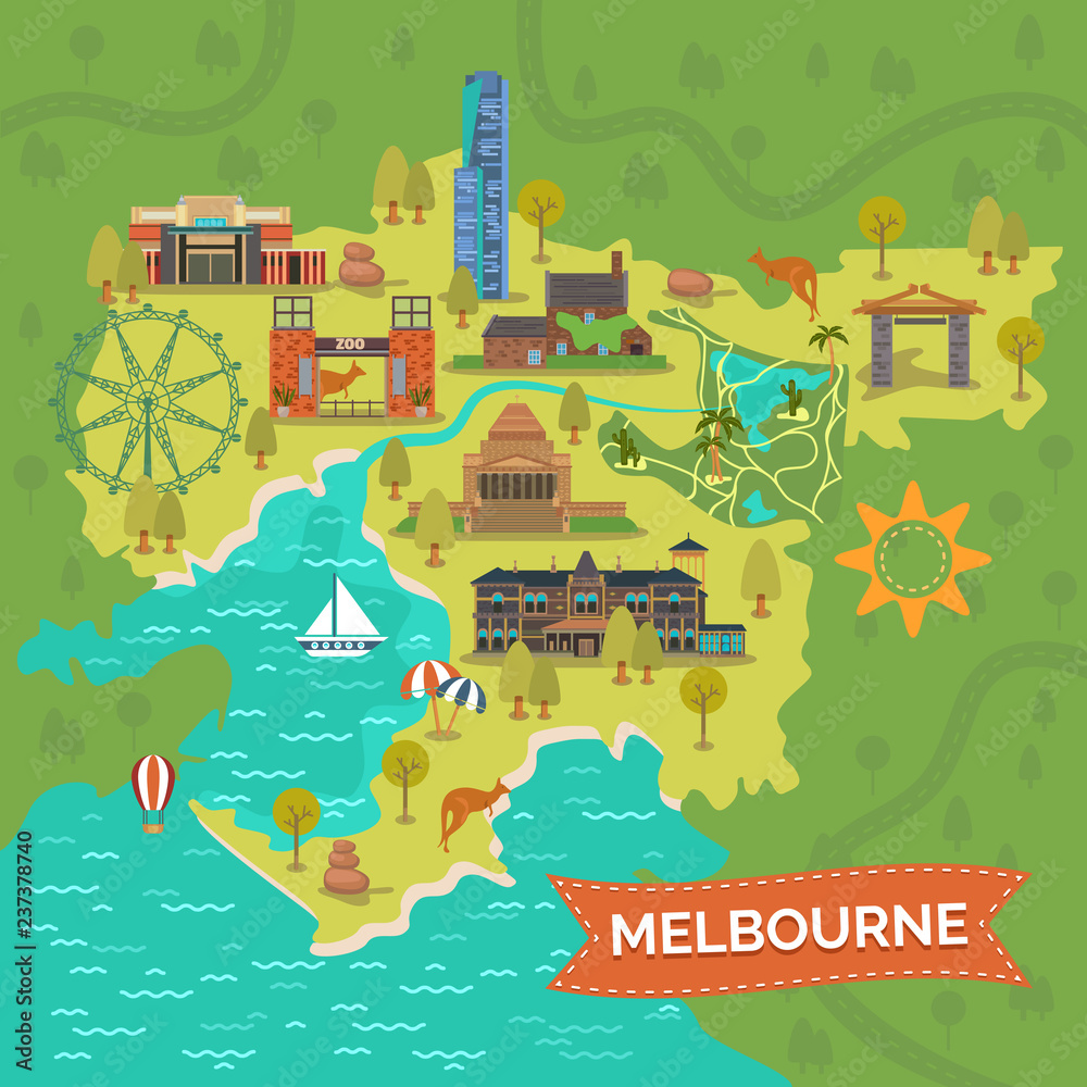 Naklejka premium Melbourne,Australia map with landmarks,sightseeing