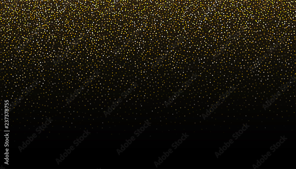 Gold glitter seamless border background. Glittering black backdrop. Golden shimmer texture for luxury design. Dust abstract on dark. Vector illustration