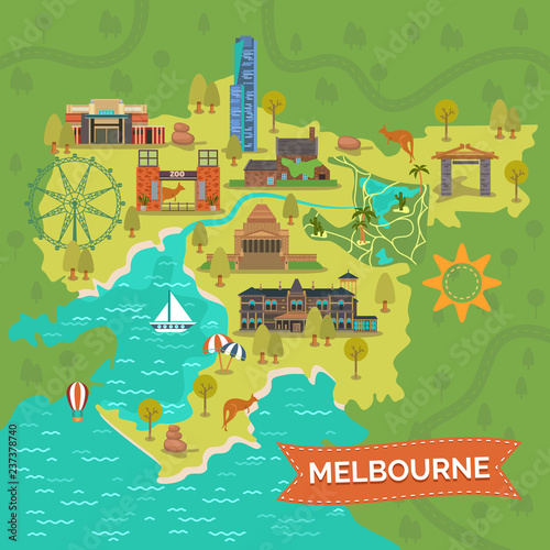 Melbourne,Australia map with landmarks,sightseeing